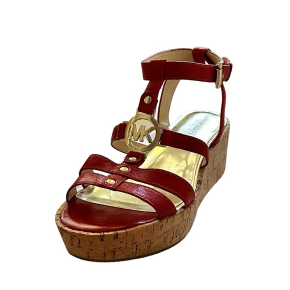 Michael Kors Burnt Orange Crinkled Patent Leather Nash Wedge Sandals Size 8 - Picture 1 of 10